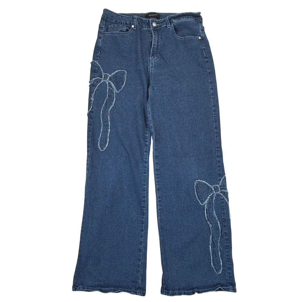 Between Us Womens Bow Applique Wide Leg Jeans Blue Medium Wash Stretch Size 16